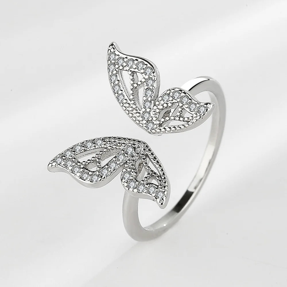 SC Hot Selling Simple Fashion Jewelry Opening Adjustable Ring Gold Plated Diamond Zircon Butterfly Ring for Wedding Jewelry