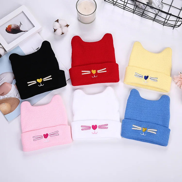 Outdoor Kids Toddler Warm Knit Cartoon Newborn Embroidery Cat Ear Beanie Hats for Kids