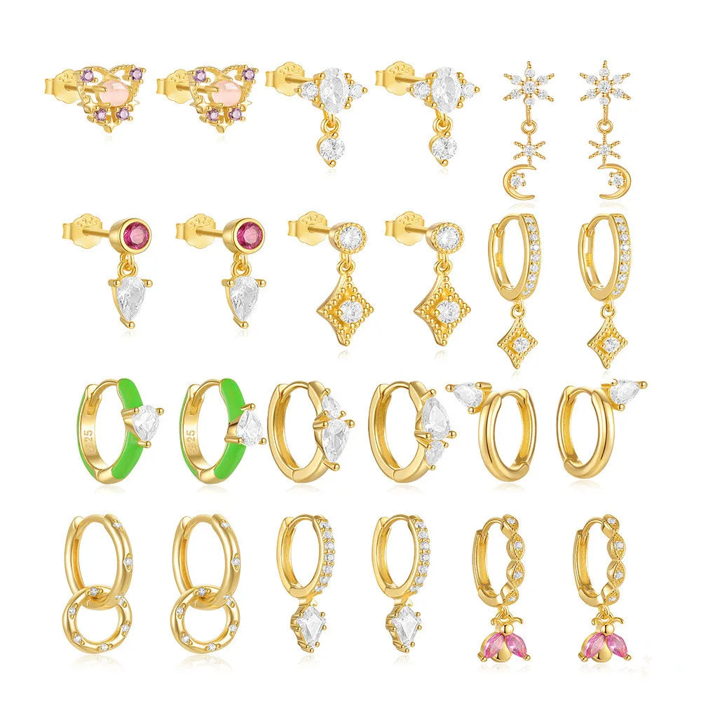 925 Sterling Silver Trendy Earrings Jewelry for Girls Geometric Heart Moon Star Diamond Gold Plated Stud Hoop Earrings Women