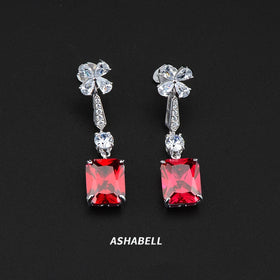 New Style 925 Silver Square Cut Zirconia Ruby Drop Earrings Women Halo Gemstone Dangle Earrings
