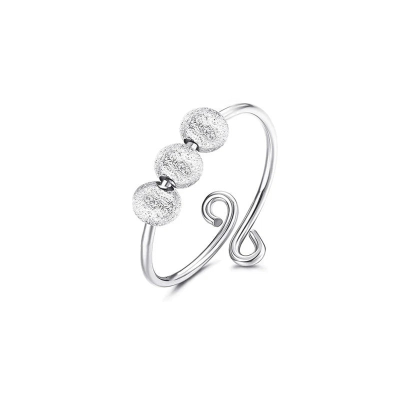 Three Sand Blasting Bead Ring Sterling Silver 925 Silver Anxiety Fidget Beads Ring for Women and Men Adjustable