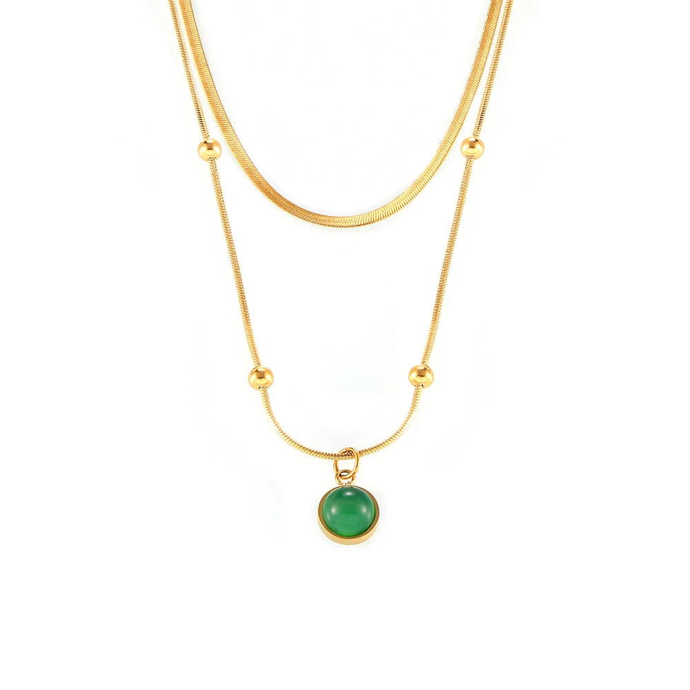 Vintage Greenstone Pendant Necklace Niche Simple Detachable Laminated Wind Stainless Steel Plated 18-karat Gold Clavicle Chain