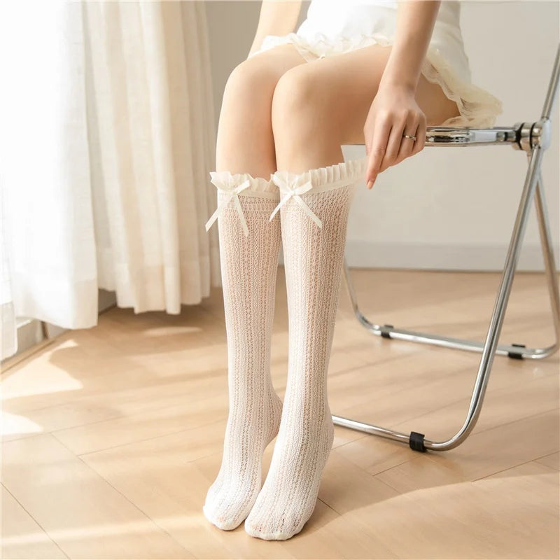 Wholesale Summer Frilly Lace Socks With Bow Teen Girls Aesthetic Thin Mesh Slouch Knee High Socks for Women