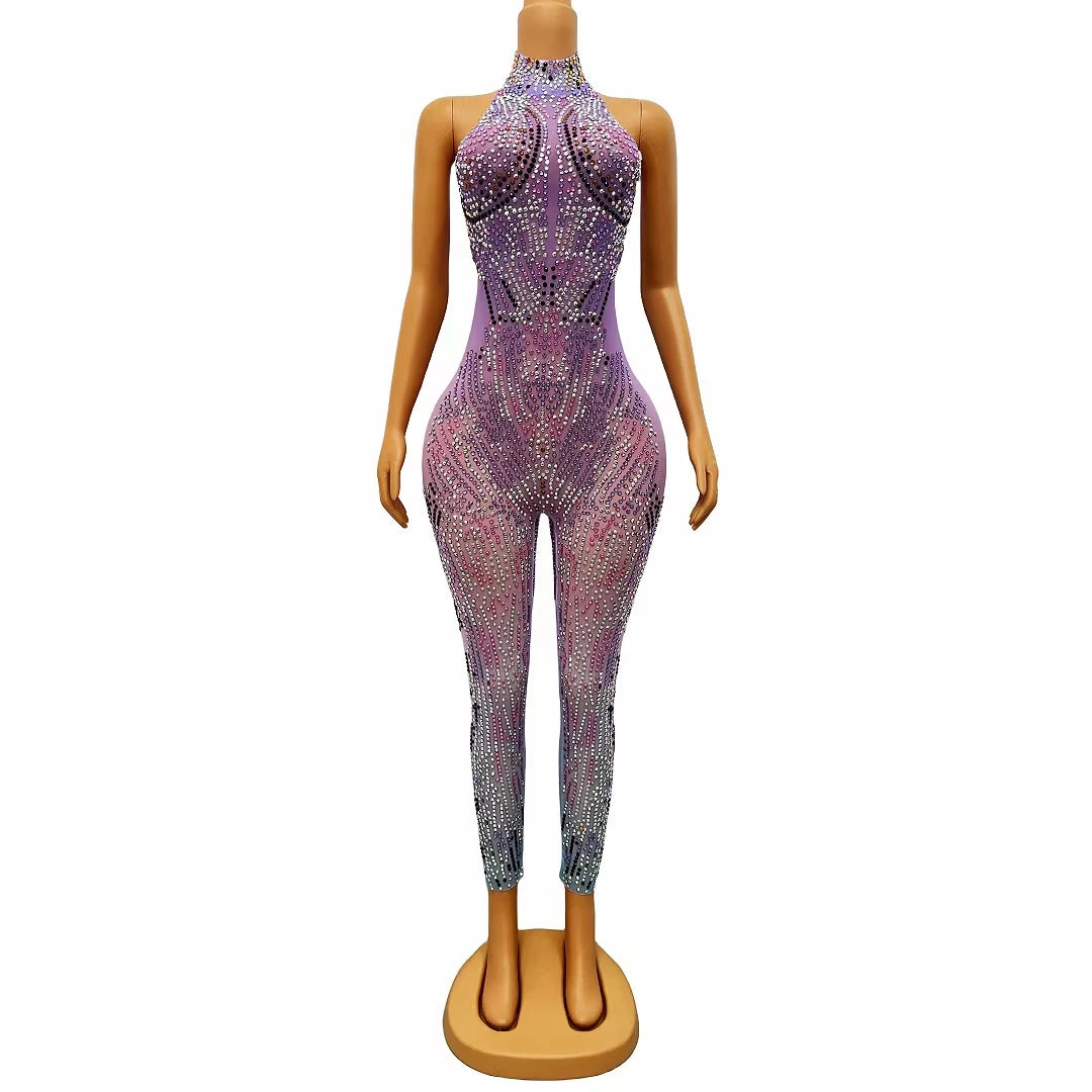 Fashion Sleeveless Rhinestone Rompers Singer Showgirl Bodysuits Night Club Bodycon Dancer Leotard Women Sexy Party Jumpsuit