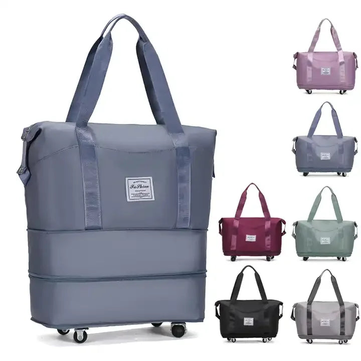 Custom Logo Large Waterproof Women Foldable Duffle Bag Expandable Weekender Fitness Gym Travel Wheels Trolley Luggage Shoes