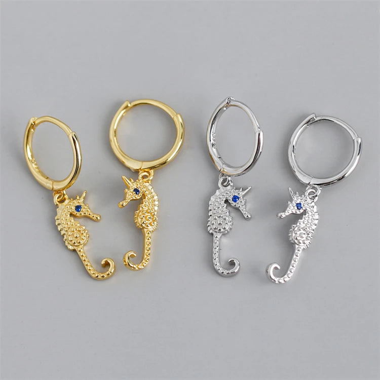Fine 18k Gold 925 Sterling Silver Hippocampus Zircon Hoop Earrings for Women