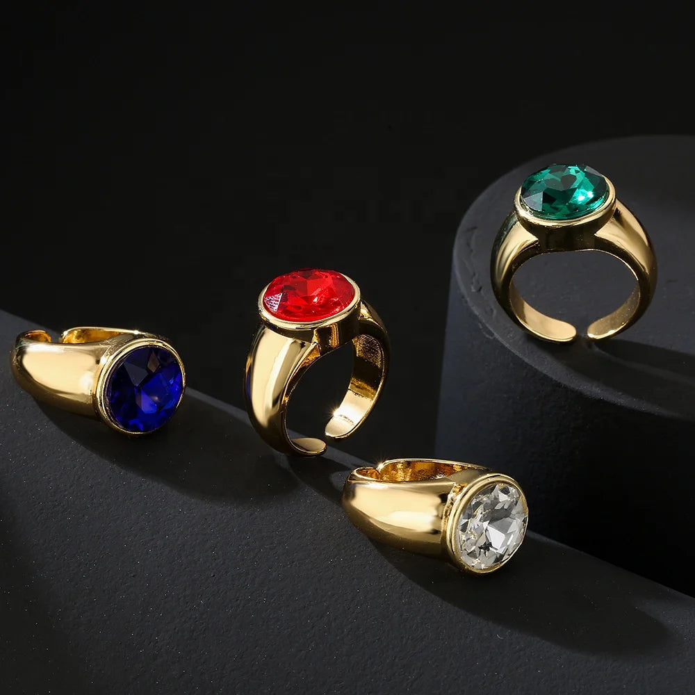 Hip Hop Crystal Glass Retro Men Ruby Rings Gemstone Copper Gold Plated Open Ring Female African Jewelry Ring
