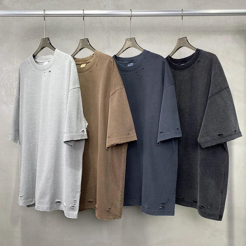 Custom Logo Heavyweight 275GSM T-shirt Streetwear Stock  Pour  Vintage Acid Washed Boxy Fit Cropped Oversized Distressed Tshirt