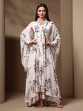 Muslim Women's Floral Print Chiffon Abaya with Dramatic Cape Sleeves & Tiered Skirt Elegant Formal Islamic Robe Dress