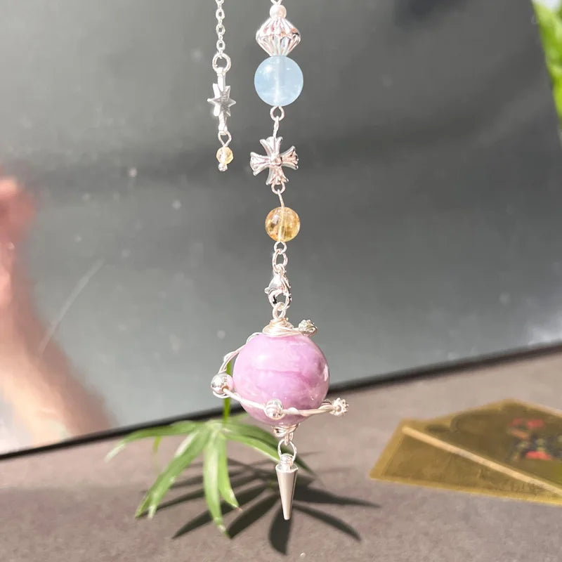 DIY Natural Lepidolite Sphere Witchcraft Pendulum Healing Stones Crystal Bead Metal Accessories Suncatcher for Car Hanging Gifts