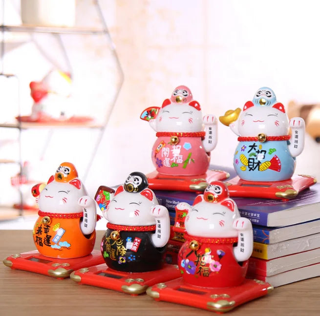Toy Solar Home Powered Maneki Neko Figurines Ceramic Waving Hand Arm Fortune Lucky Cat  for Daruma Car Decoration Ornaments