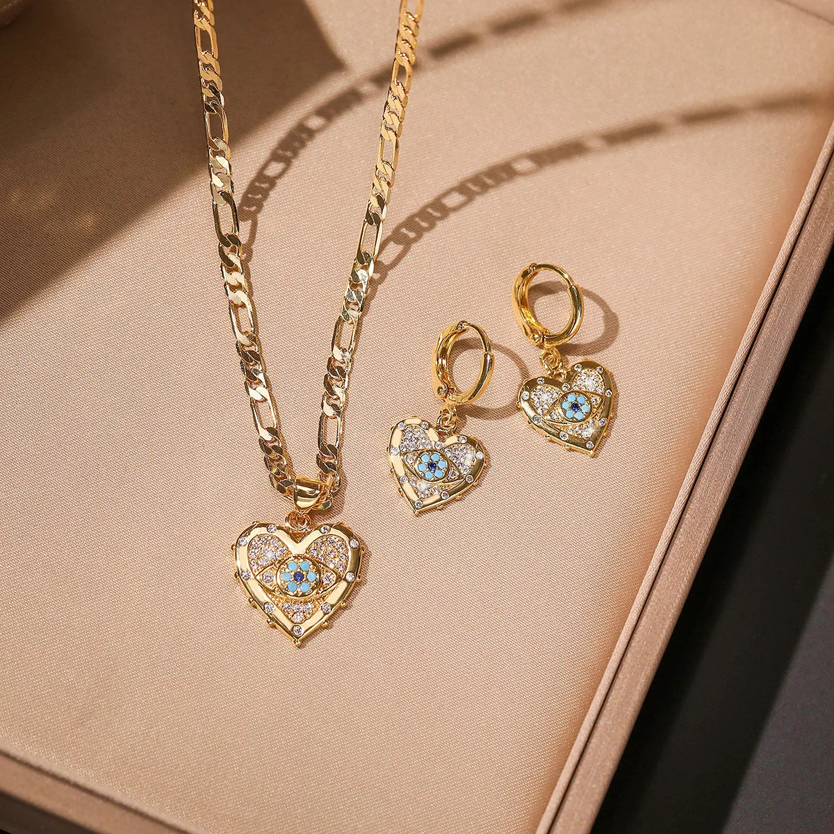 18K Gold Plated Brass Evil Eye Jewelry Set Greek Blue CZ Heart Necklace & Earrings Turkish Protection Symbol Gift for Women