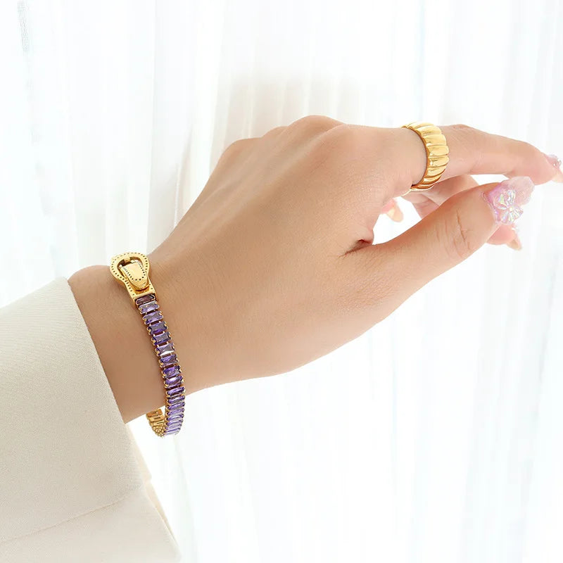 Luxury 18k Gold Plated Stainless Steel Full Cubic Zirconia Rectangle Colorful Bracelet Jewelry Water Resistant