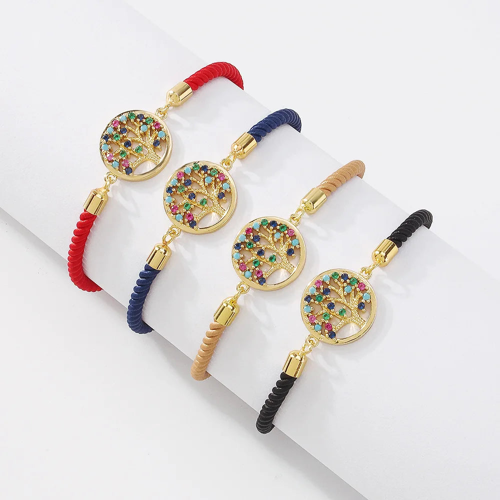 Wholesale Zircon Colored Life Tree Charms Bracelet Colored Braided Woven Pull Bracelet for Women