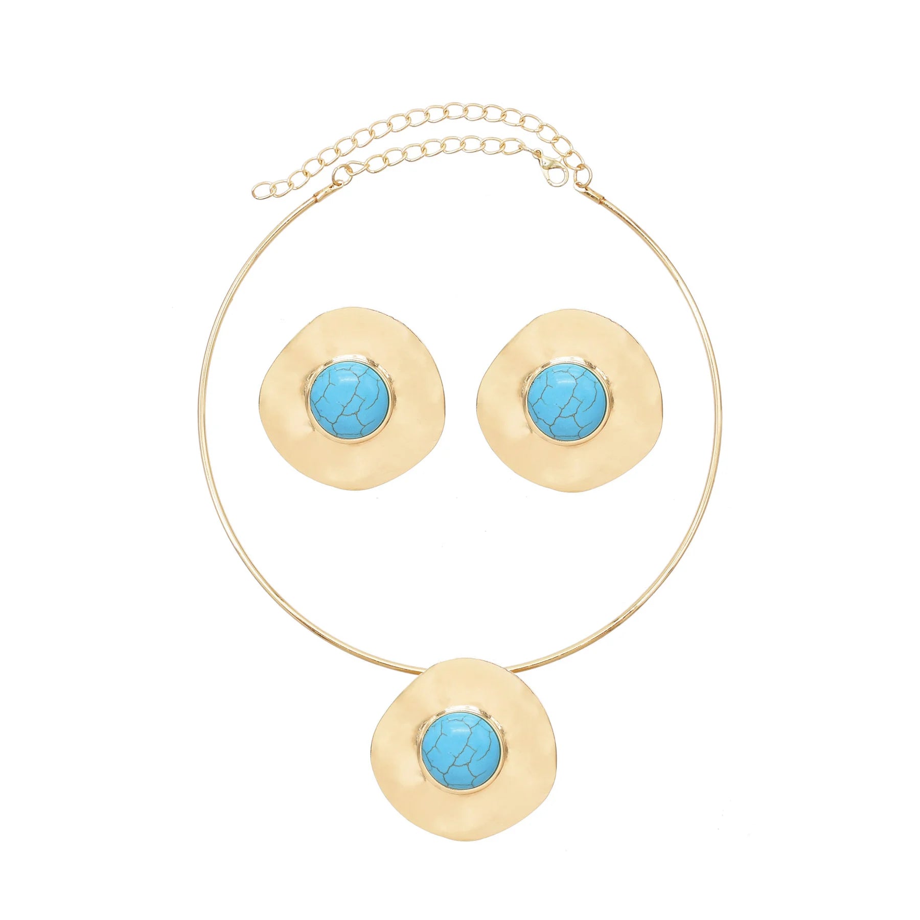 Fashion Style Silver Gold Statement Necklace Earrings Sets Women Round Imitation Turquoise Necklace Earrings Set