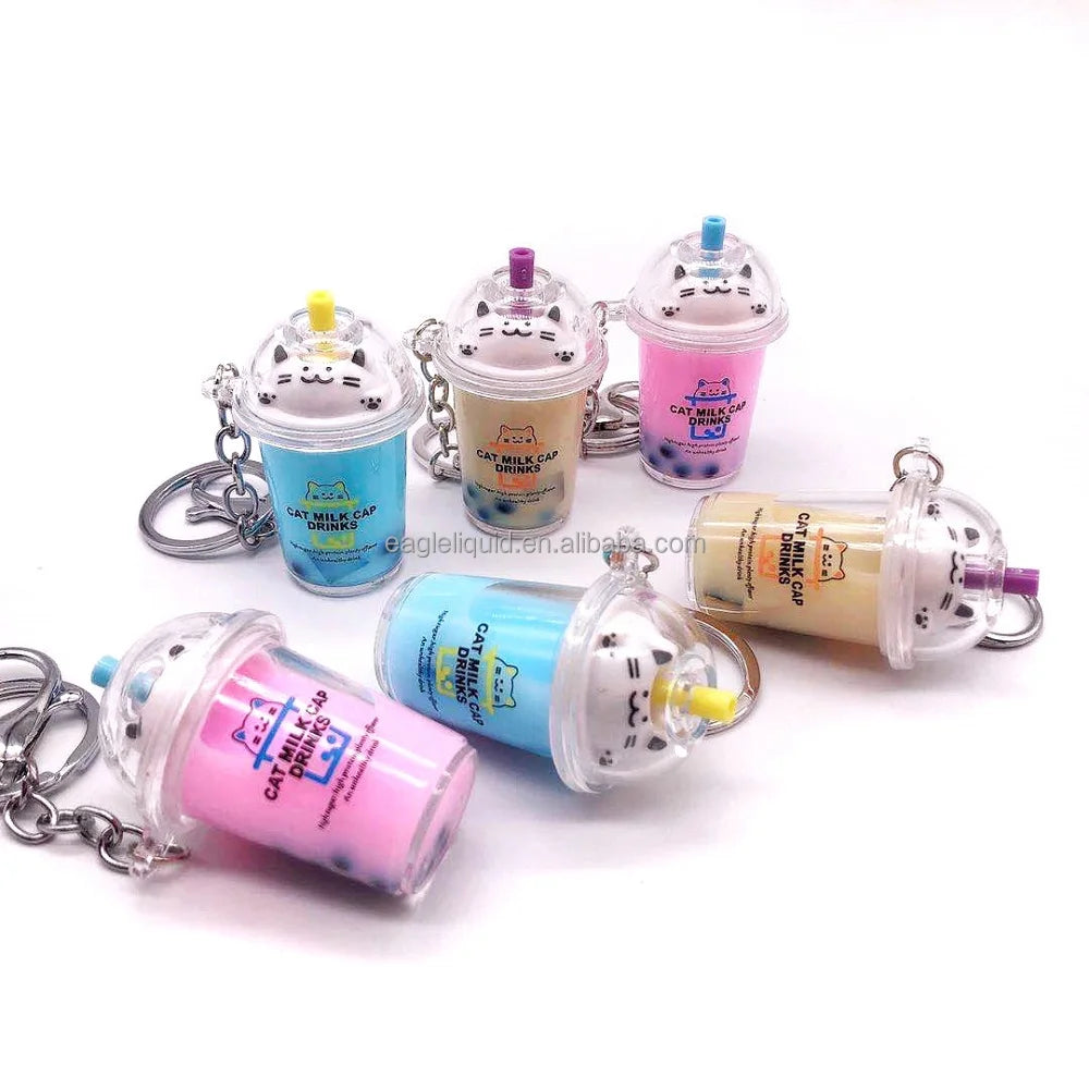 2021 Novelty Gift Buy Online Acrylic Liquid Key Chain Cat Lid Milk Tea Cup Keyring Boba Keychain