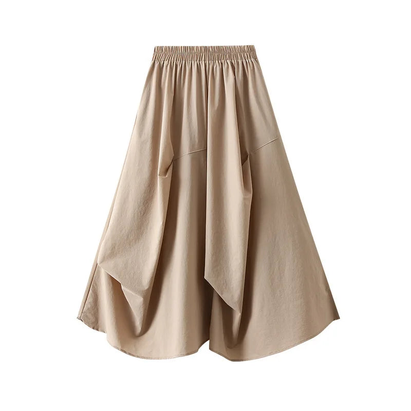 Irregular Summer Women Pleated Mid-length Elastic Waist Casual Korean School A-line Skirts with Pockets