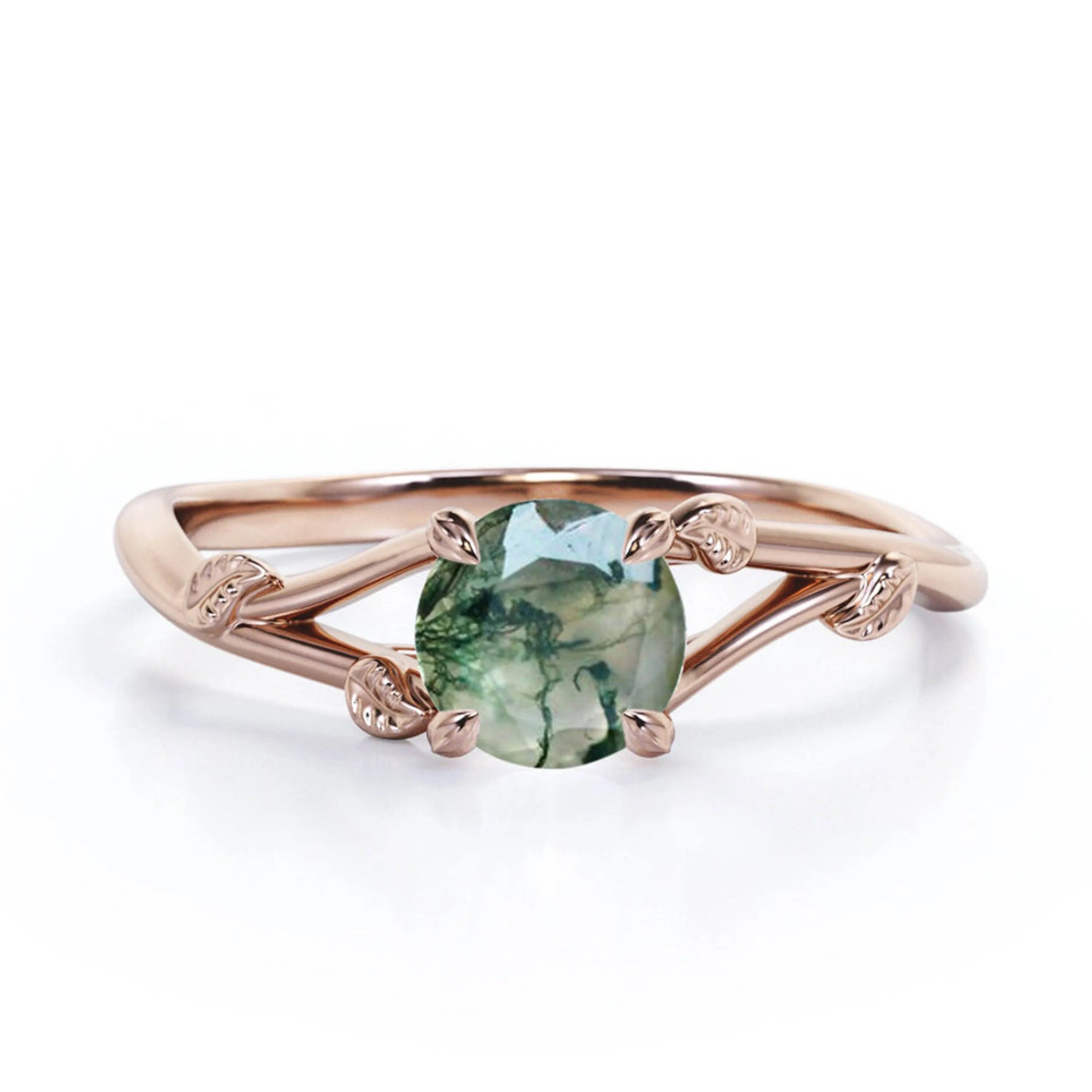 Original Round Shape Natural Green Moss Agate Leaf  Encircling 925 Sterling Silver Jewelry Ring