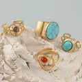 Retro Vintage Gold Stainless Steel Adjustable Layer Geometric Round Big Wide Crystal Natural Turquoise Gemstone RingWomen Men