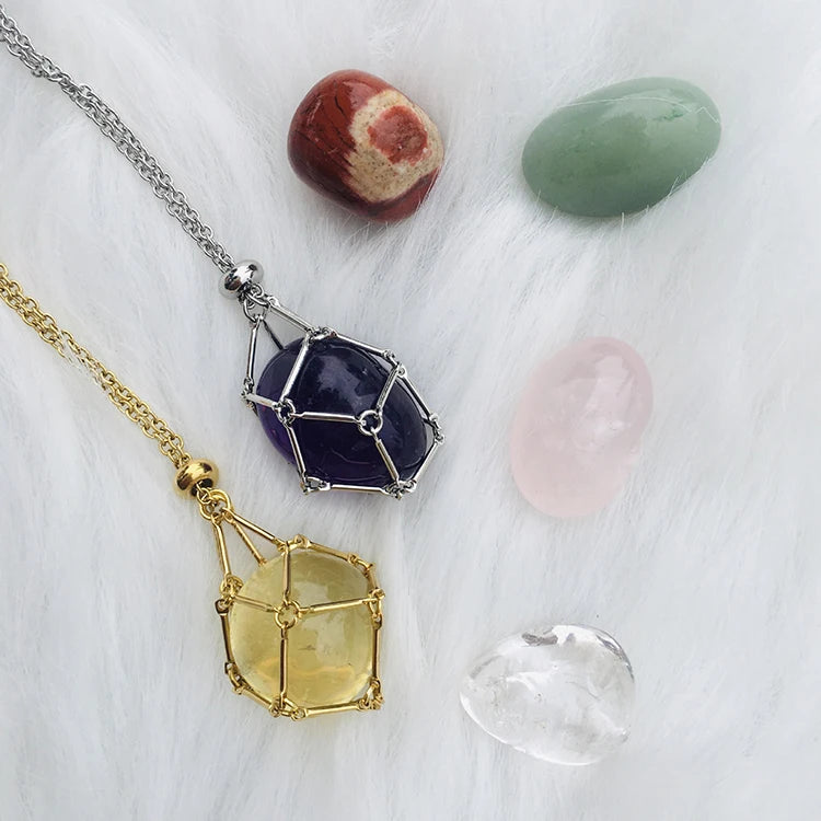 G2240 Wholesale Collier Crysta Woven Mesh Net With Metal Bamboo Knot Chain Charm Crystal Holder Necklace Fashion Jewelry