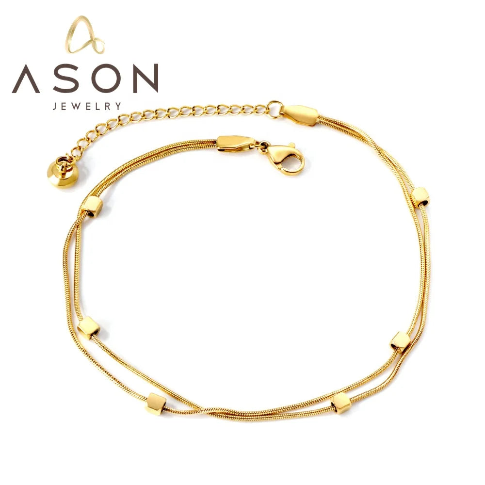 Ason Jewelry Charm Stainless Steel 18K Gold Plated Jewelry Gift Double Layer Square Bead Anklet for Women