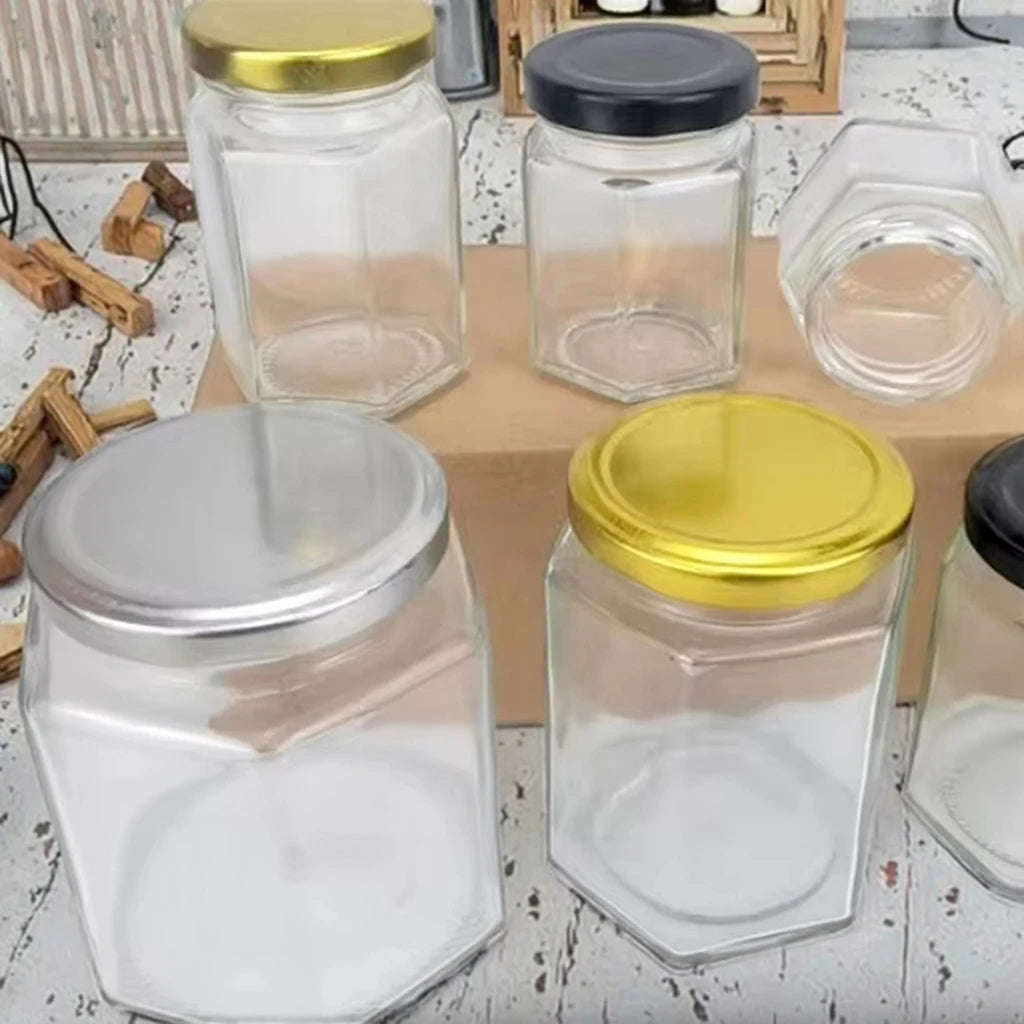 Sealed Hexagonal Glass Jars Canning Pickles Jam Bird's Nest 60ml 180ml 500ml 730ml Hexagonal Honey Jars Glass Jars With Lids
