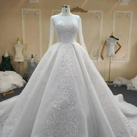 S9264F 2024 New Long-Sleeved Brides Elegant Lace Back Design Chapel Train Wrap Waistline Pattern Luxury Wedding Dress