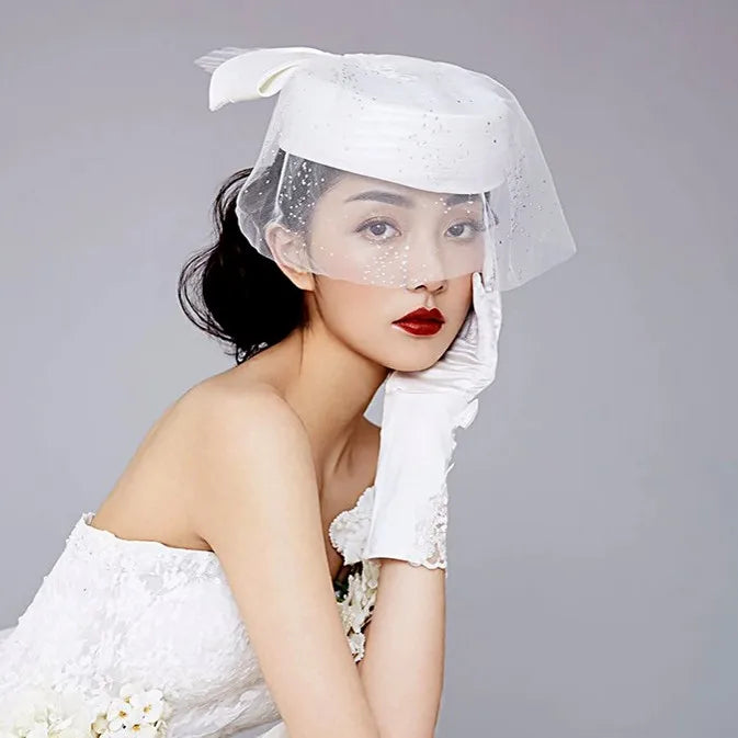 Elegant White Church Wedding Hat for Women Formal Fascinators with Mesh Veil for Tea Party Dress or Kentucky Derby for Bride