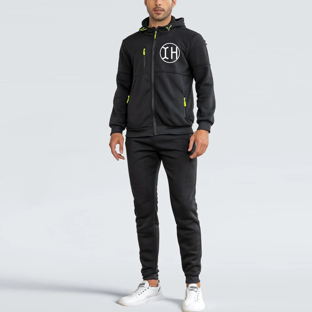 Customize Men Casual Drawstring Hooded Sweatshirt Gym Athletic Jogging Pants Sportswear 2 Piece Set with Zipper Pockets