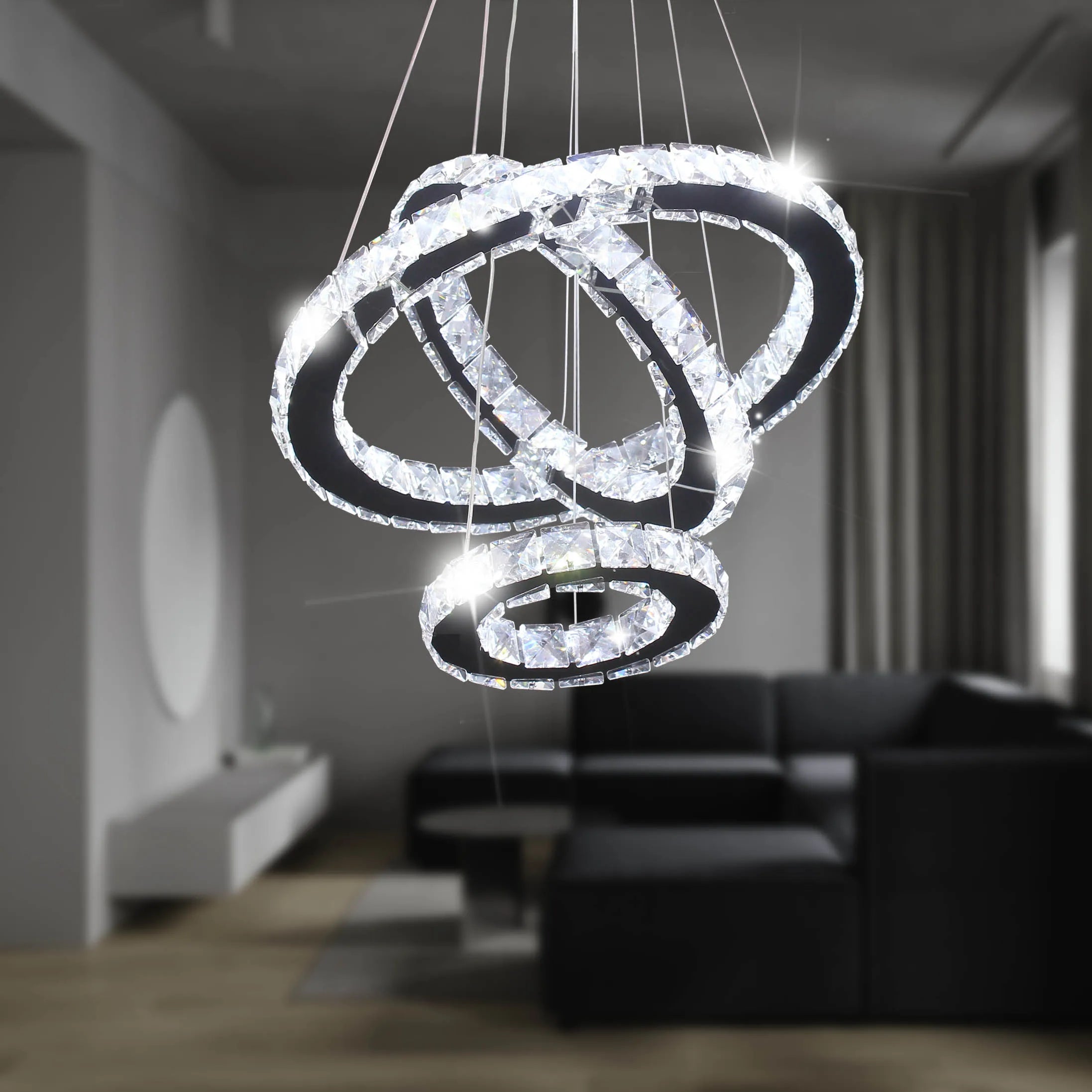 Adjustable Height Modern LED K9 Crystal Chandelier Multi-Color 3-Ring Pendant Light for Home Decor