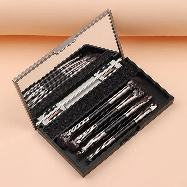 Portable 4-Piece Synthetic Hair Makeup Brush Set Mirror Cleaning Sponge Double-Ended Brushes (Plastic Handles) for Makeup