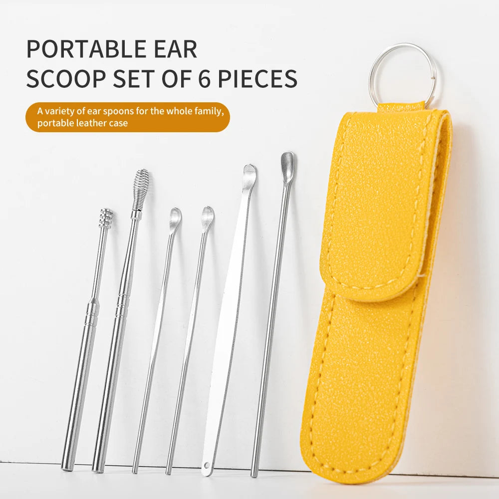 HongStars Spring Portable Earpick Removal Spoon Kit Stainless Steel+PVC Curette Cleaning Earwax Cleaner Tool Set 6-in-1 MegaBDM