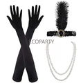 3 Pieces 1920 Great Gatsby Falpper Accessories Set for  Ladies Charleston Fancy Dress Headband Long Black Gloves Necklace