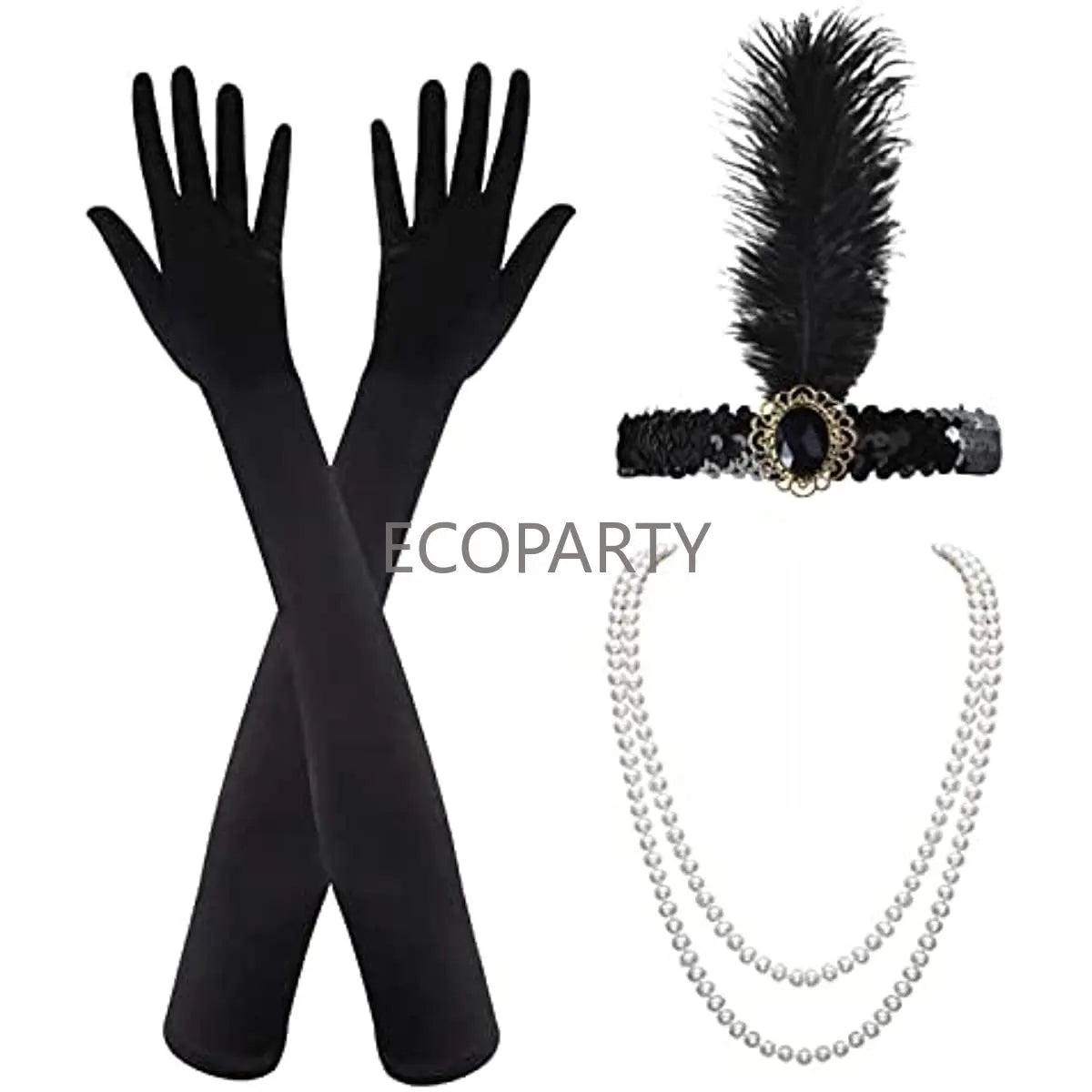 3 Pieces 1920 Great Gatsby Falpper Accessories Set for  Ladies Charleston Fancy Dress Headband Long Black Gloves Necklace