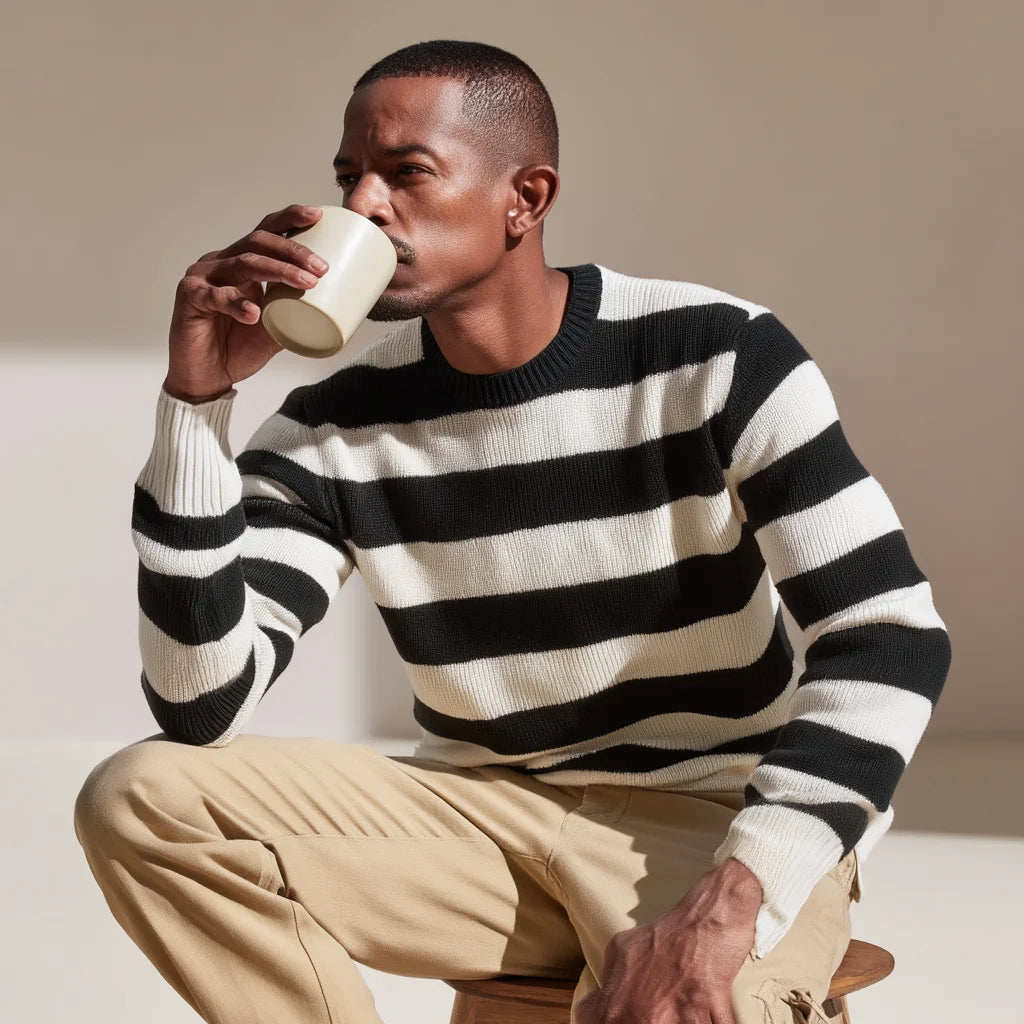 Men's Casual Lightweight Striped Wool Crewneck Sweater Breathable Knit Pullover Anti-Wrinkle Anti-Shrink Heat for Autumn Shrugs