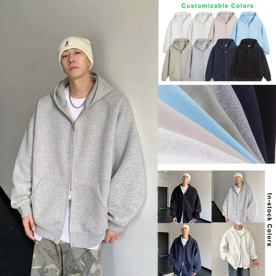 Unisex 420GSM Heavyweight Casual Solid Color Hooded Sweatshirt-Spring Long Loose Fit Zipper Front 100% Polyester Breathable
