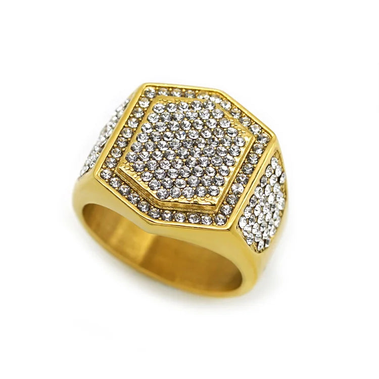 Luxury 18k Gold Plated Finger Ring Stainless Steel Zircon Charm Hoop Rings Men