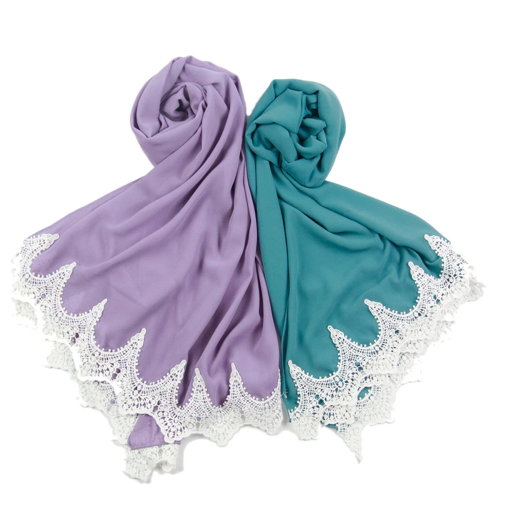 Wholesale Plain Lace Flower Thick Bubble Heavy Chiffon Hijab Muslim Woman Plain Shawl Scarf