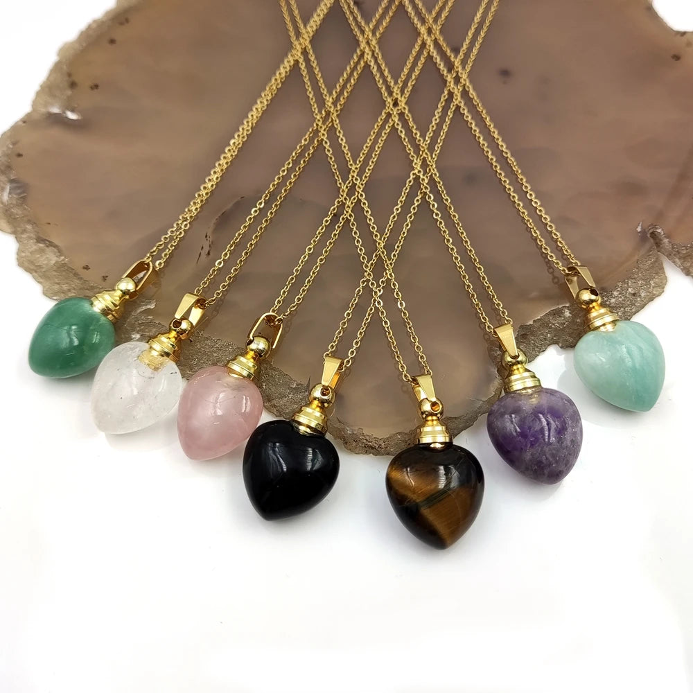 Hot Sale Romantic Style Natural Rose Quartz Amethyst Gemstone Heart Crystal Bottle love Pendant Necklace Gift for Girlfriend