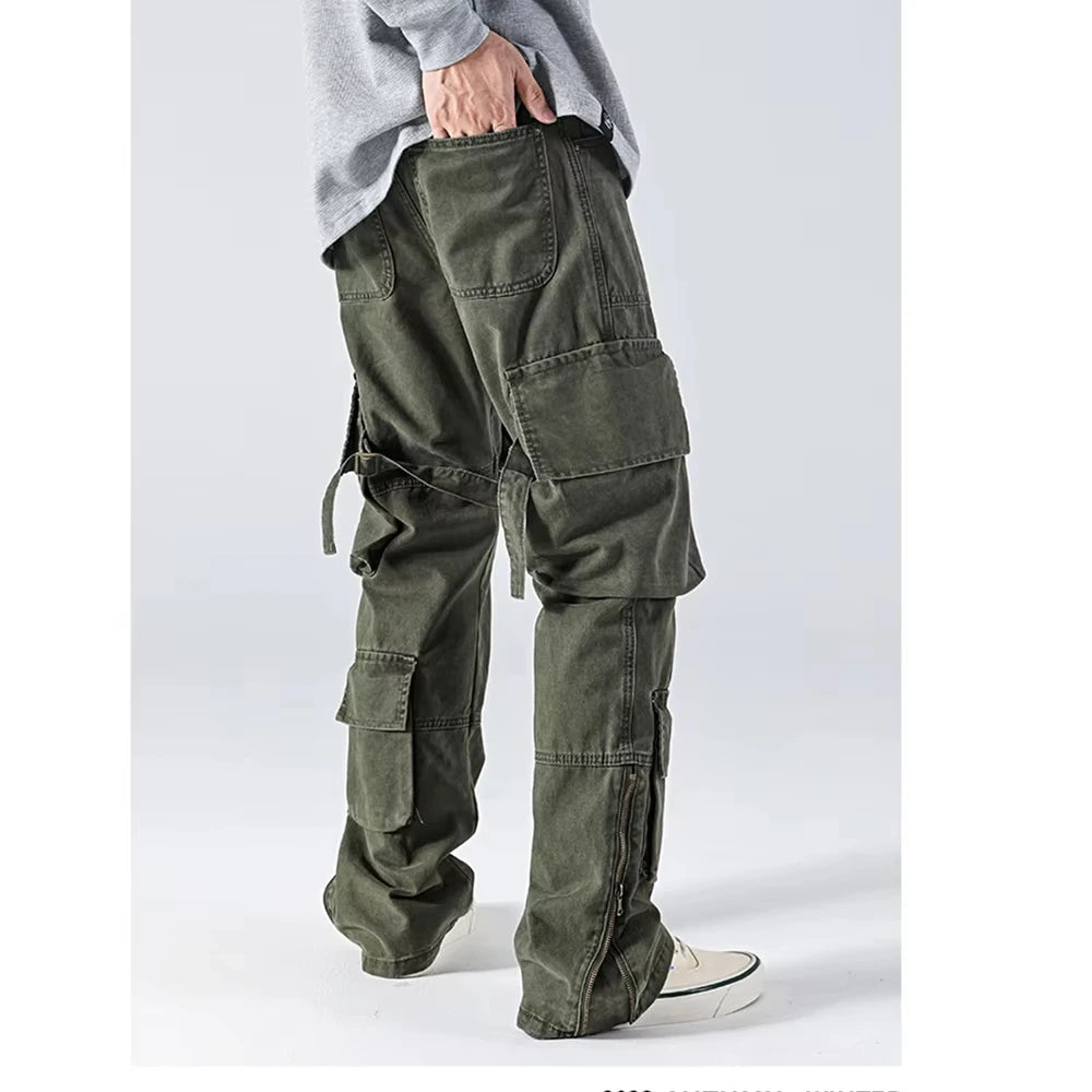 Men's 100% Cotton Lightweight Breathable Windproof Straight Leg Cargo Pants High Street Multi-Pockets Strap Baggy Loose Fit