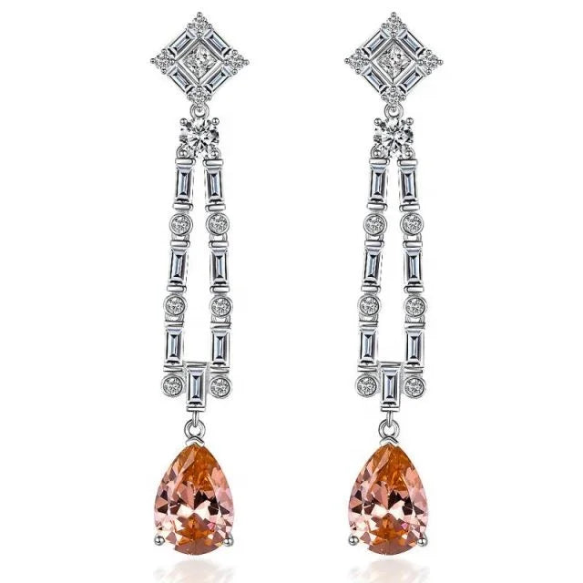 Real 925 Sterling Silver Champagne Pink Quartz Earring Pear Shape Wedding Earrings for Brides