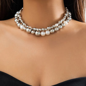 2024 New Arrival Trendy Eco-friendly Alloy CZ Stones Large Bead Punk Collarbone Choker Necklace Silver Plated Pendant for Women