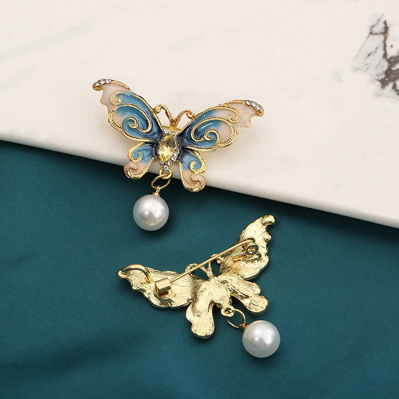 Dripping Paint Crystal Rhinestone Lapel Pin Retro Insect Corsage Costume pink Blue Green Enamel Statement Pearl butterfly Brooch