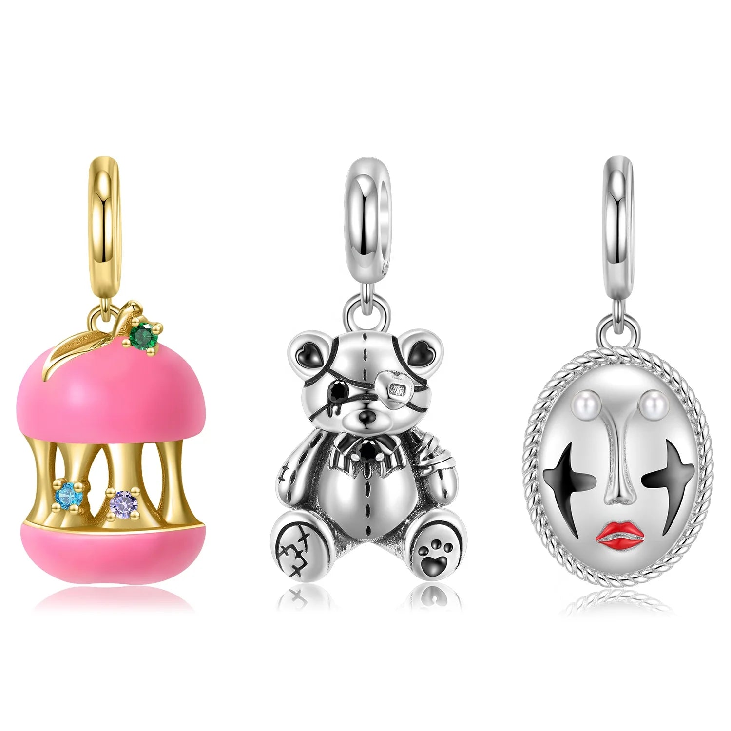 Pink Apple Pendant 925 Sterling Silver Heart-shaped Bear Charm Pendant for Women Bracelet Jewelry Stock Available Dropshipping