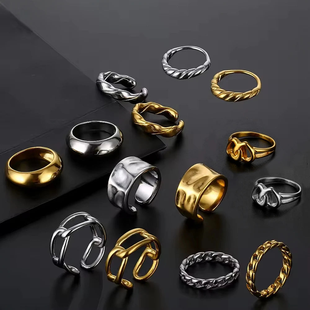 Ins Chic Chunky Chain Rings Fashion 18K Gold Plated Stainless Steel Anillos Jewelry Simple Joyeria  Finger Adjustable Open Ring