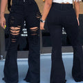 Women America Retro Jeans High Waist Elastic Buttock Ripped Hole Personality Wide Leg Bell Bottoms Floor Pants Jeans