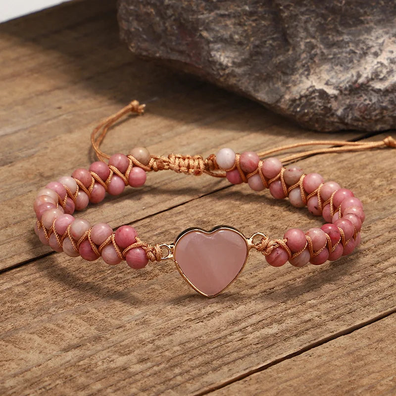 6mm Natural Rhodonite Gemstone Bracelet for Women Spiritual Heart Charm Handwoven Adjustable Stone Beaded Bracelet