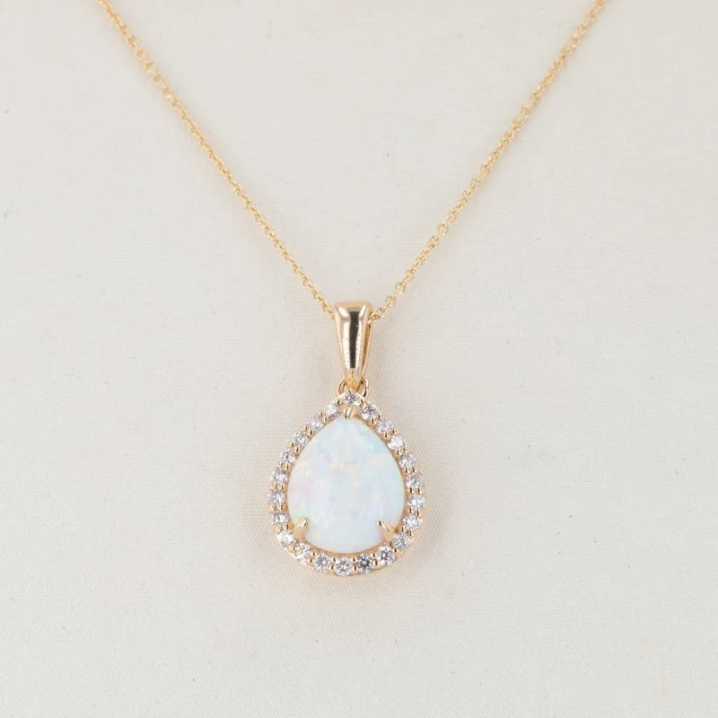 Starsgem 9*11MM Pear Cabochon Cut White Opal  14k 18k Yellow Gold Necklace Opal Lab Grown Diamond Jewelry
