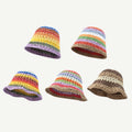 Colorful Summer Rainbow Straw Fisherman Cap Floral Foldable Straw Sun Cap Handmade Crochet Knitted Bucket Hats for Women