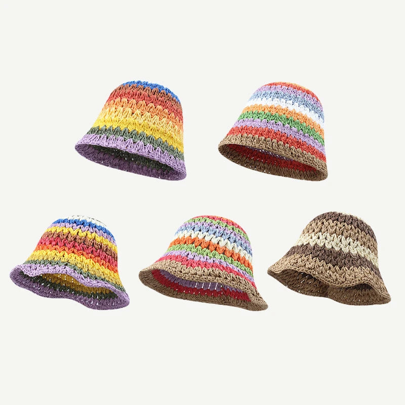 Colorful Summer Rainbow Straw Fisherman Cap Floral Foldable Straw Sun Cap Handmade Crochet Knitted Bucket Hats for Women